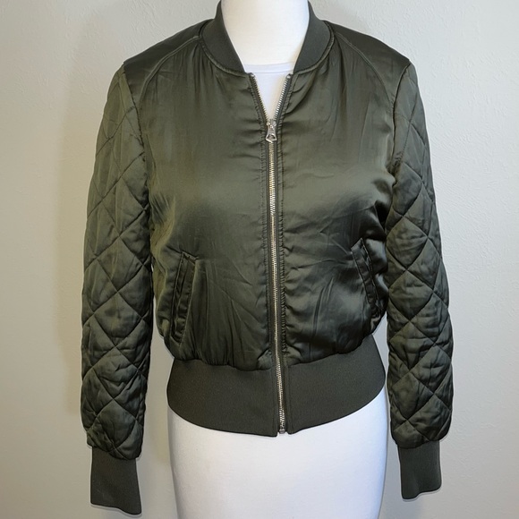 Olive Quilt-Sleeve Bomber Jacket - Picture 1 of 6